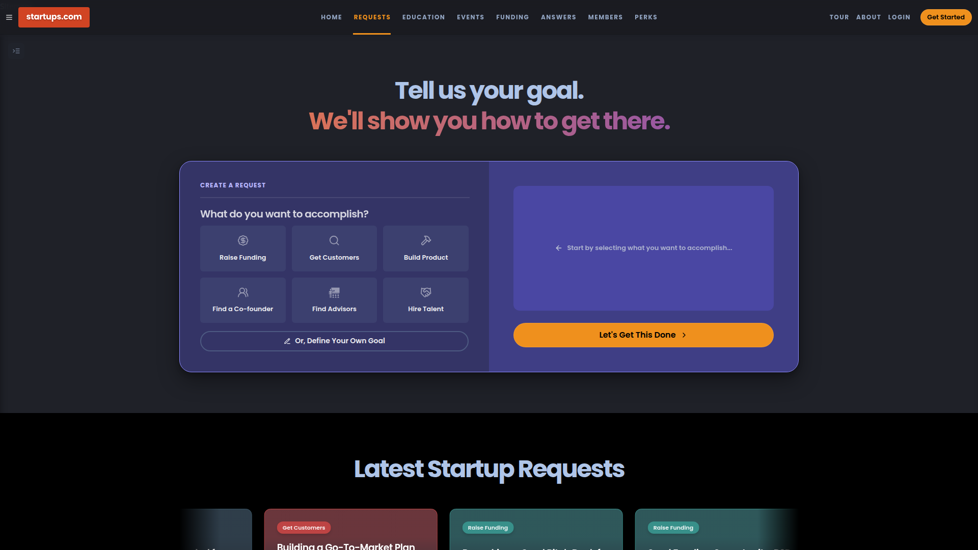 Startups.com Requests — choose your goal and get matched